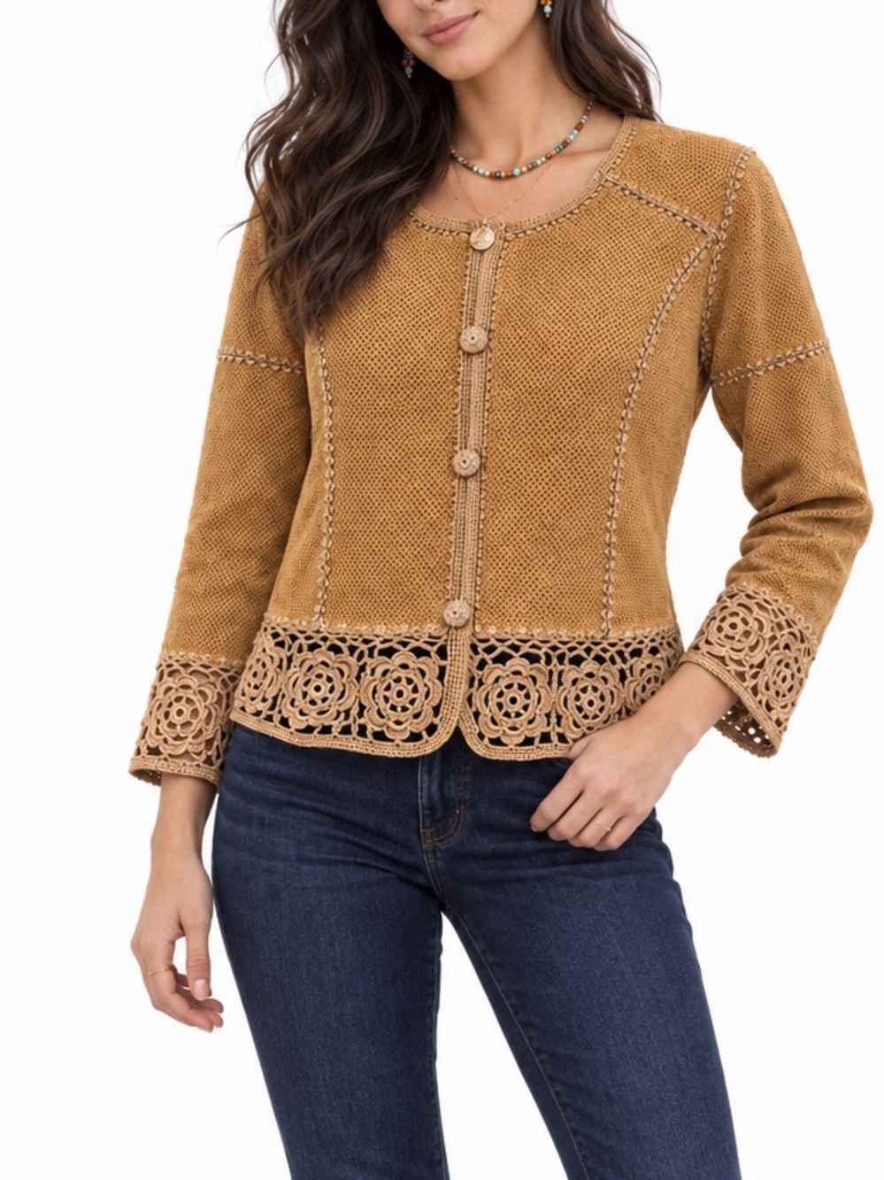 SMH Boutique Tan Perforated Leather Crochet Flower Jacket Boho Western NWT Small